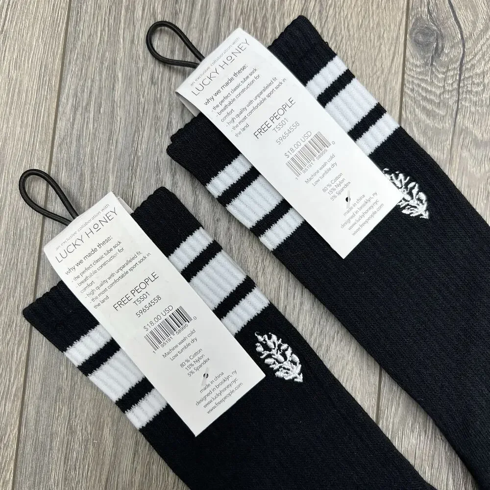 2 Pack Free People Movement Logo Stripe Tube Socks Black Lucky Honey One Size